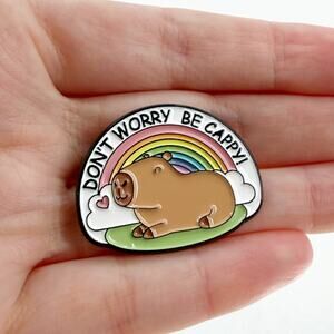 Dont Worry Be Cappy Capybara Enamel Pin Cute Rainbow Lapel Badge